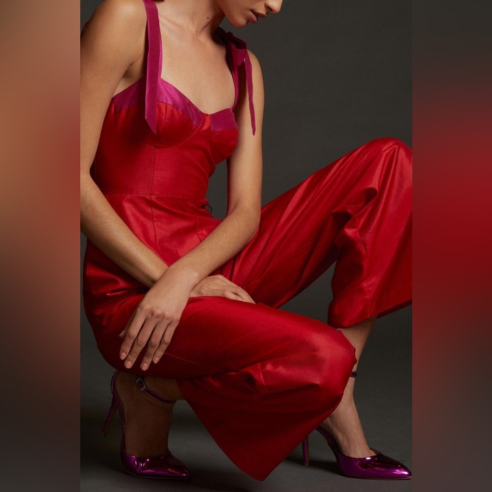 HUTCH Wide-Leg Jumpsuit Bow Straps Red & Fuchsia Bustier Top Anthropologie - Picture 5 of 13